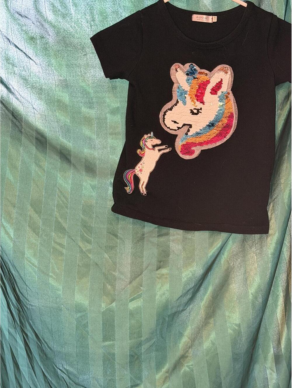 Black Short Sleeve T-Shirt with Rainbow Unicorn Patches